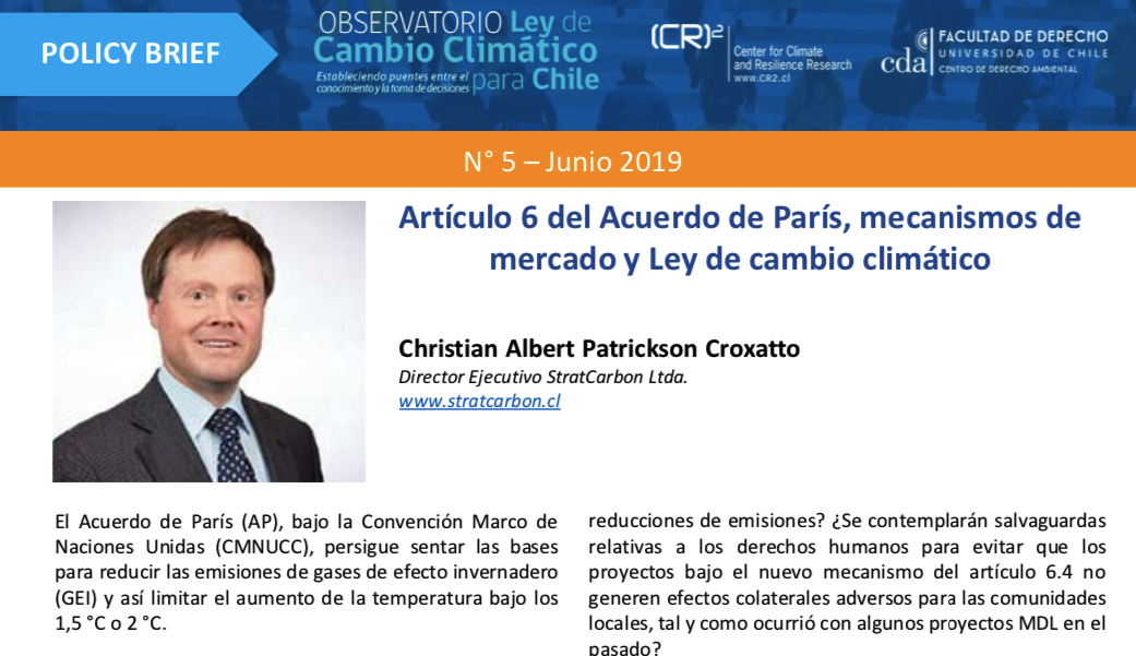 Policy brief: Artículo 6 del Acuerdo de París, mecanismos de mercado y Ley de cambio climático